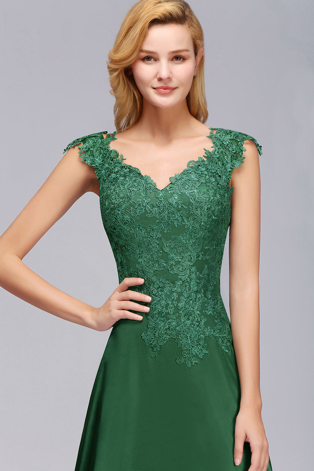 Elegant V-Neck Dark Green Lace Bridesmaid dresses with Front-Slit