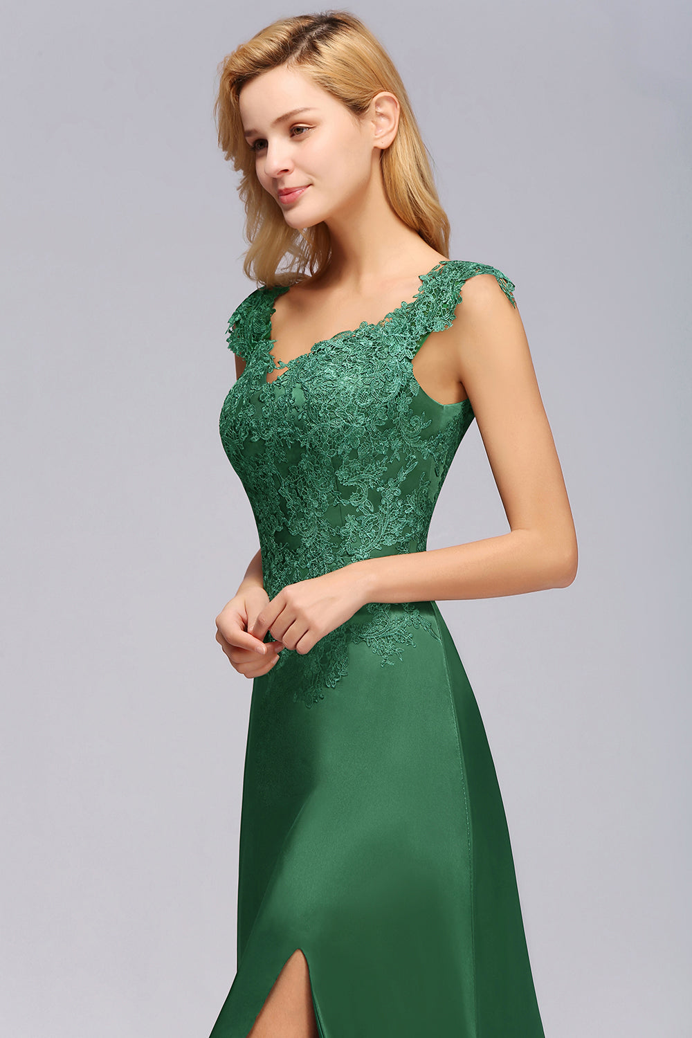 Elegant V-Neck Dark Green Lace Bridesmaid dresses with Front-Slit