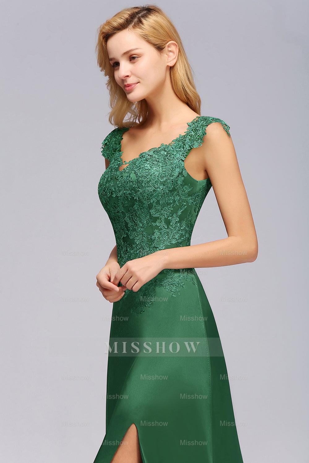 Elegant V-Neck Dark Green Lace Bridesmaid dresses with Front-Slit Elegant V-Neck Dark Green Lace Bridesmaid dresses with Front-Slit
