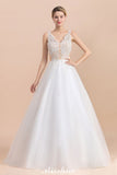 Elegant V-Neck Floral Lace A-line Wedding Dress Beach Sleeveless Tulle Church Dress