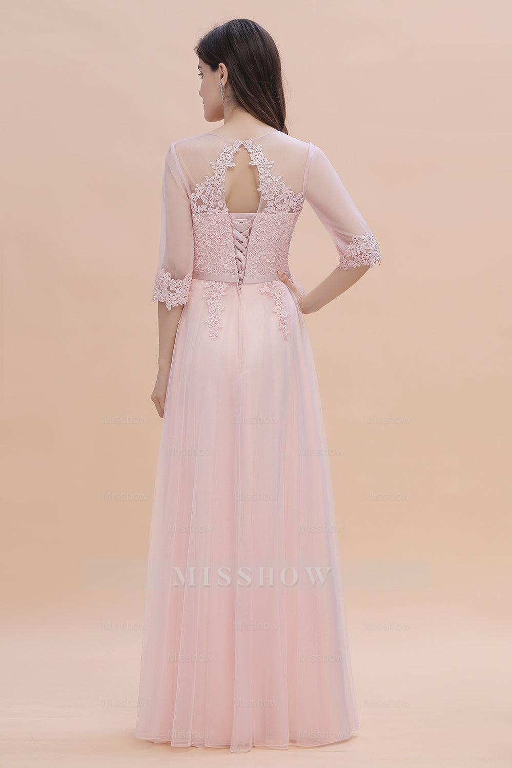Elegant V-neck Half Sleeves Lace Pink Bridesmaid Dresses On Sale Elegant V-neck Half Sleeves Lace Pink Bridesmaid Dresses On Sale