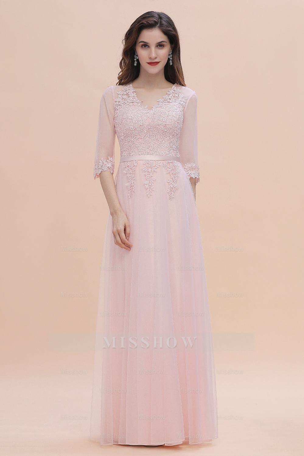 Elegant V-neck Half Sleeves Lace Pink Bridesmaid Dresses On Sale Elegant V-neck Half Sleeves Lace Pink Bridesmaid Dresses On Sale