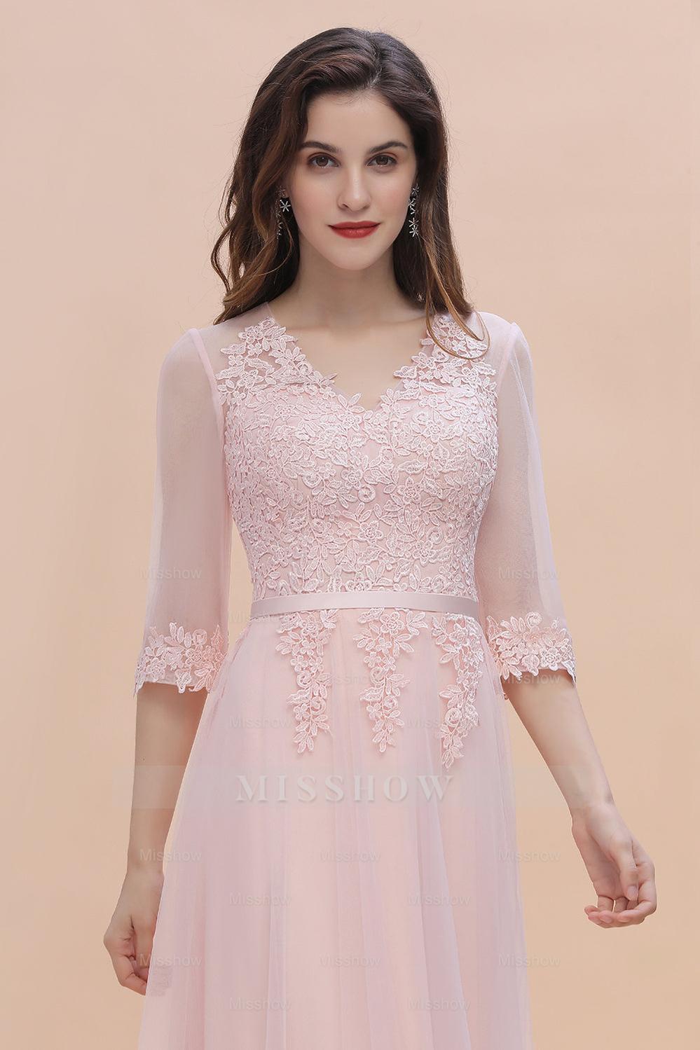 pink long sleeve dresses for sale Elegant V-neck Half Sleeves Lace Pink Bridesmaid Dresses On Sale