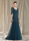 Elegant v-neck half sleeves mermaid lace mother dress-misshow.com