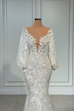 Elegant V-neck Long Sleeves Mermaid Lace Wedding Dress-misshow.com