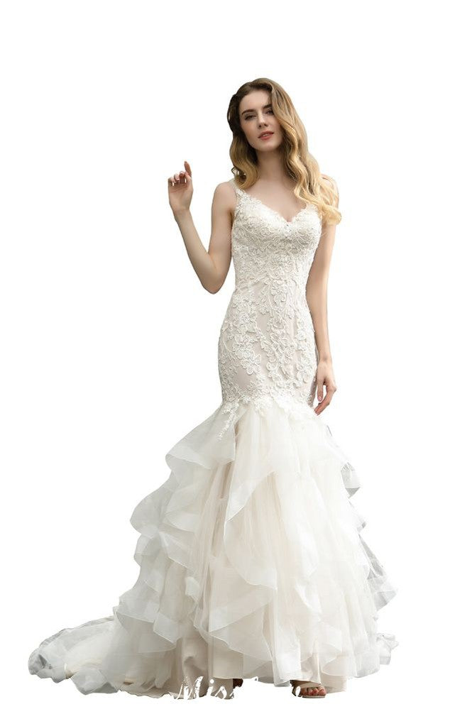 MISSHOW offers Elegant V-Neck Mermaid Bridal Gown Tulle Lace Appliques Puffy Wedding Dress at a good price from Ivory,Tulle to Mermaid Floor-length them. Stunning yet affordable Sleeveless .