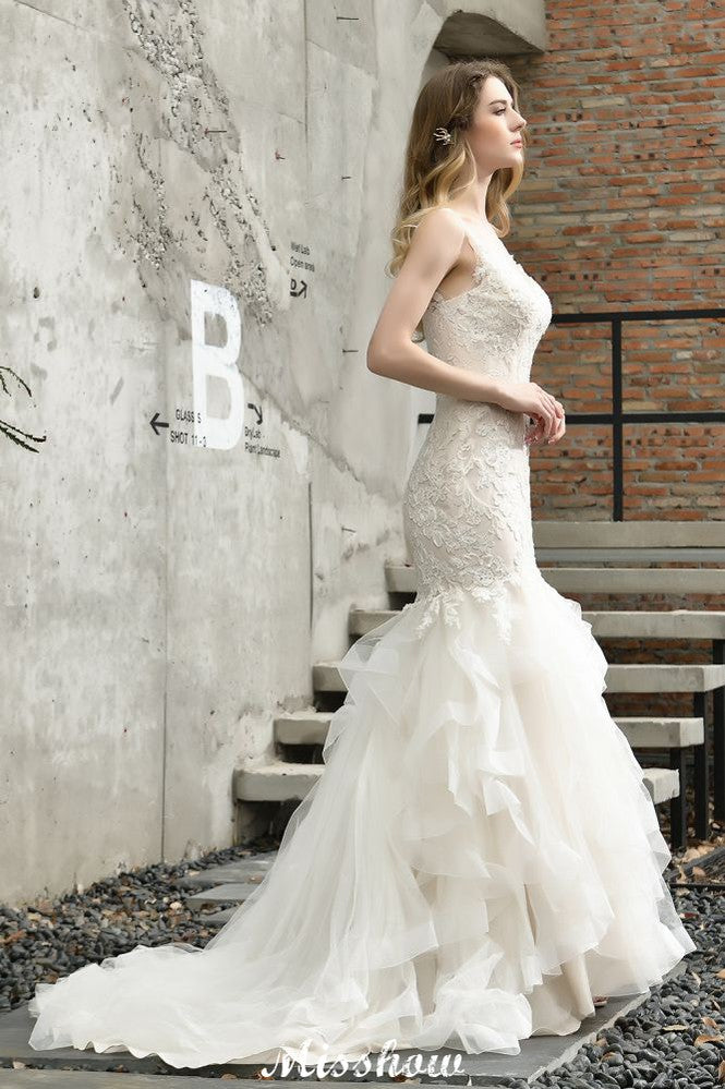 MISSHOW offers Elegant V-Neck Mermaid Bridal Gown Tulle Lace Appliques Puffy Wedding Dress at a good price from Ivory,Tulle to Mermaid Floor-length them. Stunning yet affordable Sleeveless .
