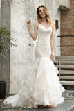Elegant V-Neck Mermaid Bridal Gown Tulle Lace Appliques Puffy Wedding Dress