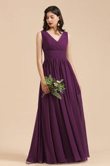 Elegant V-Neck Ruffle A-line Chiffon Lace Bridesmaid Dresses-misshow.com