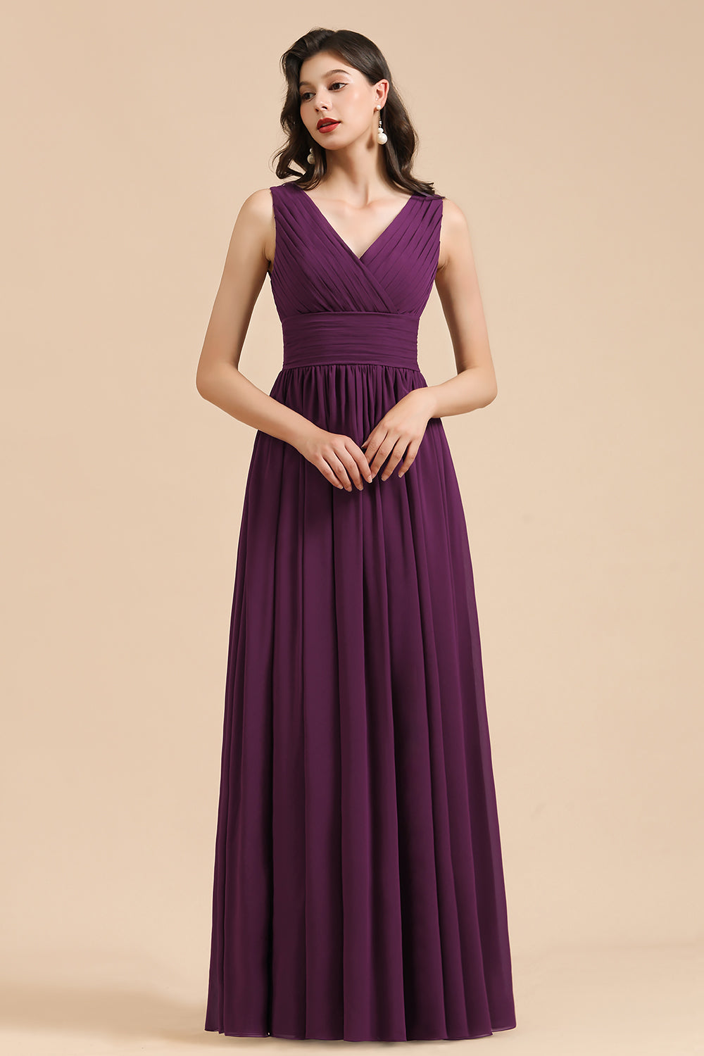 Elegant V-Neck Ruffle A-line Chiffon Lace Bridesmaid Dresses-misshow.com