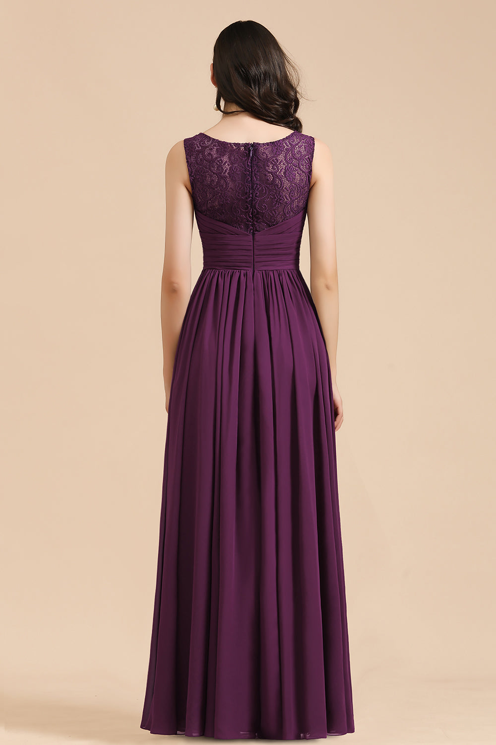 Elegant V-Neck Ruffle A-line Chiffon Lace Bridesmaid Dresses-misshow.com