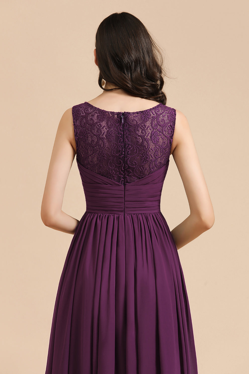 Elegant V-Neck Ruffle A-line Chiffon Lace Bridesmaid Dresses-misshow.com