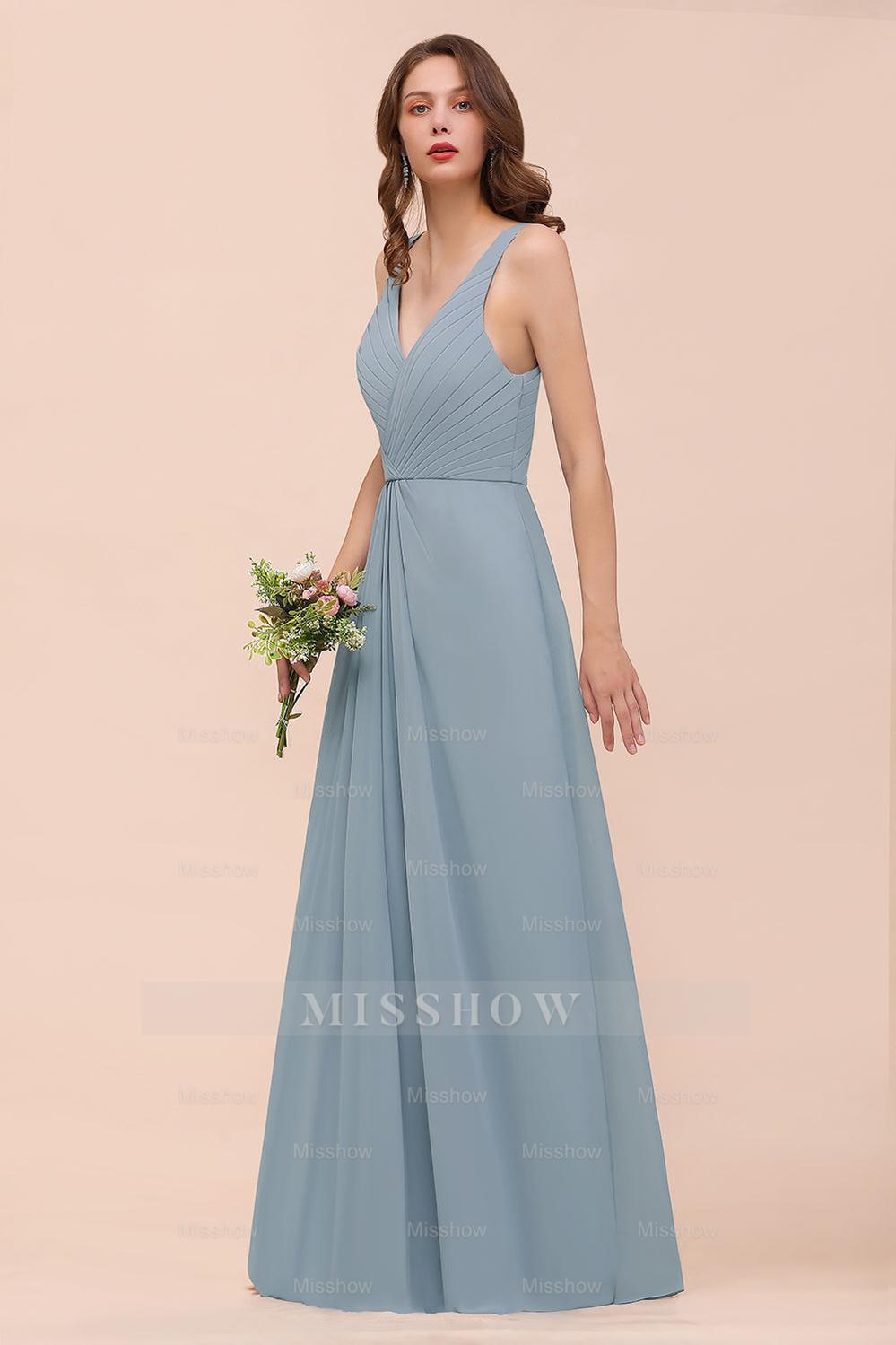 chiffon dusty blue bridesmaid dresses Zapaka Women Dusty Blue Chiffon Long Bridesmaid Dress Neck Scarf A Line Strapless Wedding Guest Dress, Grey Blue / US14