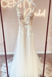 Elegant v-neck sleeveless a-line backless lace Wedding dresses