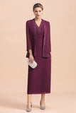 Elegant V-Neck SLeeveless Apppliques Grape Mother of Bride Dress with Wraps-misshow.com