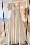 Elegant v-neck spaghetti straps sleeveless a-line lace Wedding dresses-misshow.com
