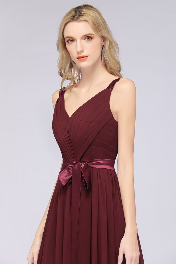 MISSHOW offers Elegant V-Neck Strap Backless Ruffles Chiffon Floor-Length Bridesmaid Dress at a good price from Misshow