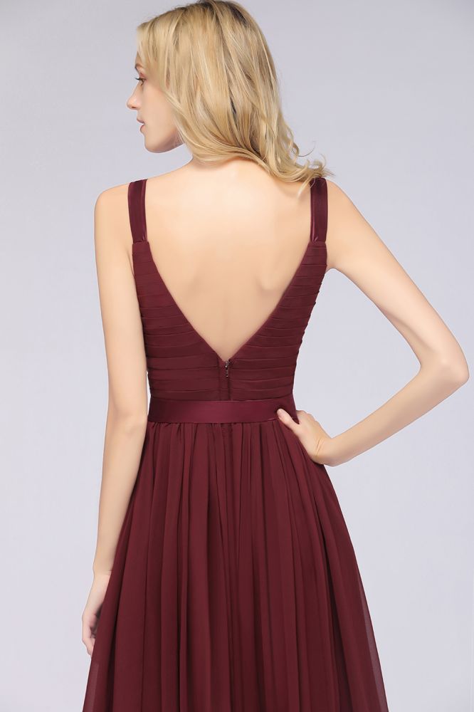 MISSHOW offers Elegant V-Neck Strap Backless Ruffles Chiffon Floor-Length Bridesmaid Dress at a good price from Misshow