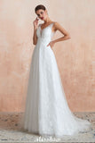 Looking for  in Tulle, A-line style, and Gorgeous Lace,Pearls work  MISSHOW has all covered on this elegant Elegant V-Neck Tulle Pearls Wedding Dress Beach Bridal Gown