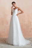 Looking for  in Tulle, A-line style, and Gorgeous Lace,Pearls work  MISSHOW has all covered on this elegant Elegant V-Neck Tulle Pearls Wedding Dress Beach Bridal Gown