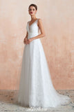 Looking for  in Tulle, A-line style, and Gorgeous Lace,Pearls work  MISSHOW has all covered on this elegant Elegant V-Neck Tulle Pearls Wedding Dress Beach Bridal Gown