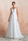 Looking for  in Tulle, A-line style, and Gorgeous Lace,Pearls work  MISSHOW has all covered on this elegant Elegant V-Neck Tulle Pearls Wedding Dress Beach Bridal Gown