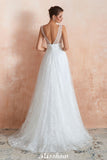 Looking for  in Tulle, A-line style, and Gorgeous Lace,Pearls work  MISSHOW has all covered on this elegant Elegant V-Neck Tulle Pearls Wedding Dress Beach Bridal Gown