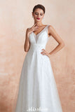 Looking for  in Tulle, A-line style, and Gorgeous Lace,Pearls work  MISSHOW has all covered on this elegant Elegant V-Neck Tulle Pearls Wedding Dress Beach Bridal Gown