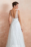 Looking for  in Tulle, A-line style, and Gorgeous Lace,Pearls work  MISSHOW has all covered on this elegant Elegant V-Neck Tulle Pearls Wedding Dress Beach Bridal Gown