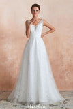 Looking for  in Tulle, A-line style, and Gorgeous Lace,Pearls work  MISSHOW has all covered on this elegant Elegant V-Neck Tulle Pearls Wedding Dress Beach Bridal Gown