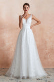 Looking for  in Tulle, A-line style, and Gorgeous Lace,Pearls work  MISSHOW has all covered on this elegant Elegant V-Neck Tulle Pearls Wedding Dress Beach Bridal Gown