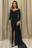 Elegant Velvet Long Black A-line Split Evening Dresses With Sleeves