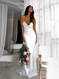 Elegant Vintage Silk like Satin Ruched Spaghetti Straps Sleeveless Wedding Dresses