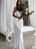 Elegant Vintage Silk like Satin Ruched Spaghetti Straps Sleeveless Wedding Dresses