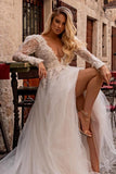 Elegant vneck longsleeves aline lace Wedding dresses-misshow.com