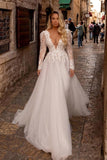 Elegant vneck longsleeves aline lace Wedding dresses-misshow.com