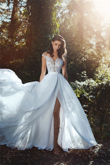 Elegant wedding dresses with lace chiffon floor-length-misshow.com