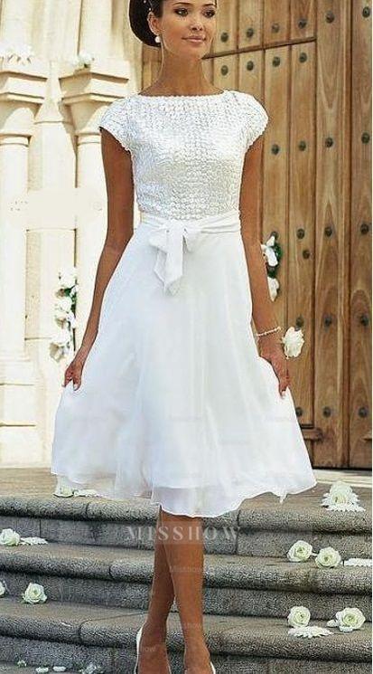 Elegant White A-line Chiffon Wedding Dress With Short Sleeve – misshow.com