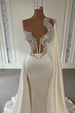 Elegant White A-line One Shoulder Evening Dresses Long Glitter Prom Dresses With Slit-misshow.com