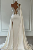Elegant White A-line One Shoulder Evening Dresses Long Glitter Prom Dresses With Slit-misshow.com