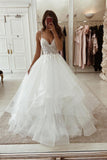 Elegant White A-line Sleeveless V-neck Tulle Wedding Dress With Lace-misshow.com