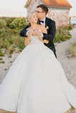Elegant White A-line V-neck Backless Wedding Dress With Lace