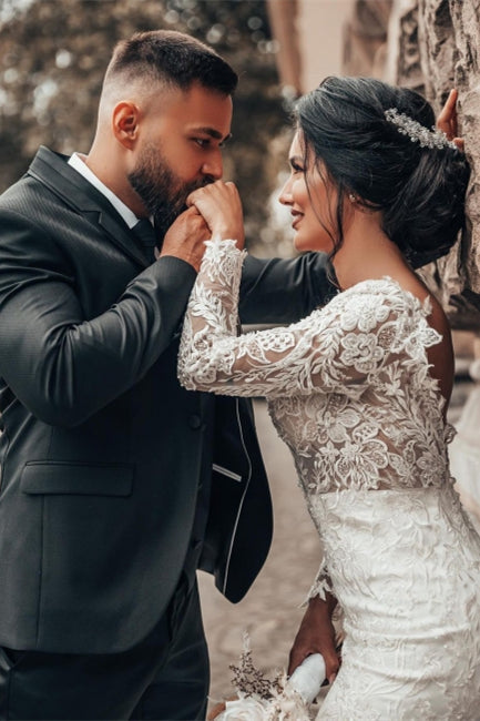 Elegant White Floral Lace Mermaid Spring Wedding Dress Long Sleeves V-Neck Slim Bridal Dresses-misshow.com
