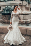 Elegantes weißes Blumenspitze-Meerjungfrau-Frühlings-Hochzeitskleid mit langen Ärmeln und V-Ausschnitt, schlanke Brautkleider