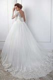 Elegant White Long Sleeves Tulle Bridal Dress Lace Appliques Aline Wedding Gown-misshow.com