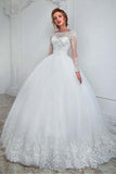 Elegant White Long Sleeves Tulle Bridal Dress Lace Appliques Aline Wedding Gown