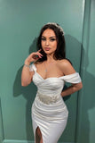 Elegant White Mermaid Off-the-shoulder Sleeveless Prom Dress With Slit-misshow.com