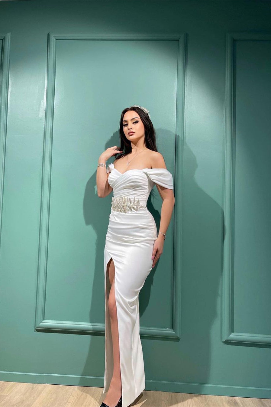 Elegant White Mermaid Off-the-shoulder Sleeveless Prom Dress With Slit-misshow.com
