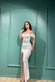 Elegant White Mermaid Off-the-shoulder Sleeveless Prom Dress With Slit