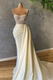 Elegant White Sequined Sleeveless Mermaid Wedding Dresses With Pearl-misshow.com